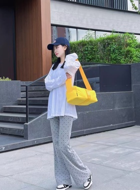 180超长175高个子加长灰色波点窄版微喇休闲裤女薄款高腰运动裤子