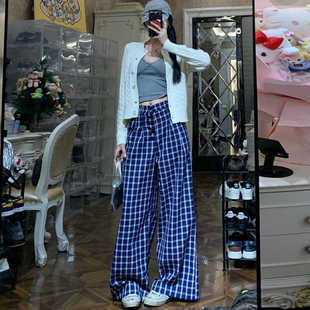 女高腰宽松格纹加长休闲拖地裤 180超长高个子露思同款 格子阔腿裤