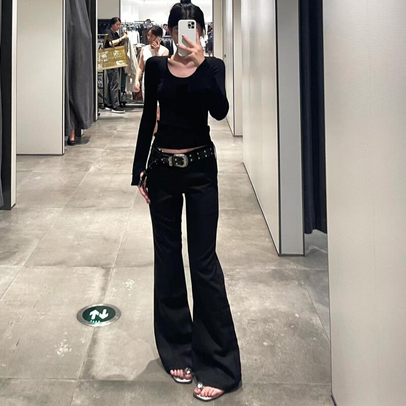 高个子加长辣妹低腰西装裤女黑色休闲显瘦垂感马蹄微喇阔腿拖地裤