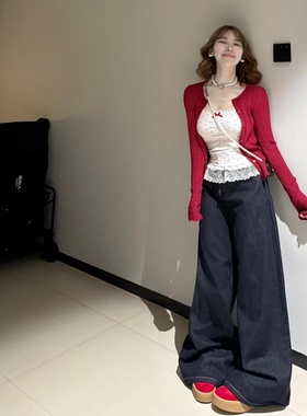 175高个子加长深蓝色牛仔裤女高腰宽松180超长拖地垂感大阔腿长裤