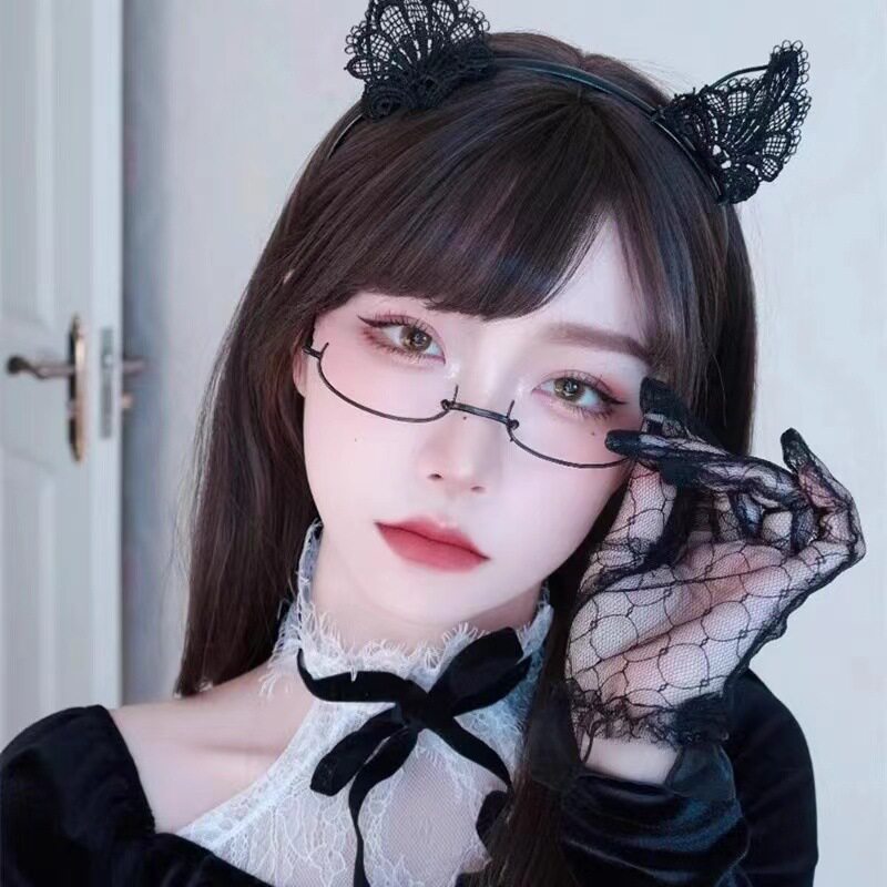 新款纯欲半框无镜片框架眼镜ins文艺软妹装饰镜凹型链条吊坠镜架