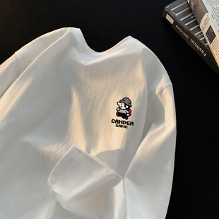 高街潮流上衣服宽松休闲内搭衣0325k 美式 春夏男t恤春季 白色士长袖