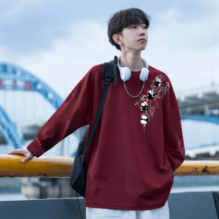 宽松酒红色上衣0325k 熊猫印花潮流打底衫 春夏男t恤国潮长袖 春款