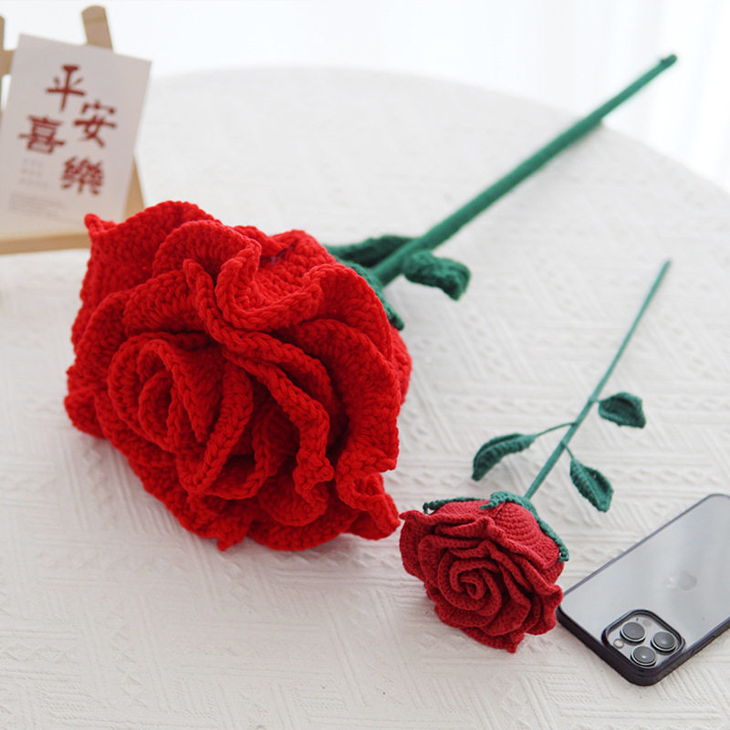 diy手工制作超大红色玫瑰仿真花针织永生花玫瑰花束送女友礼物