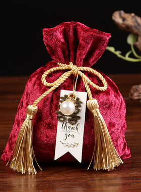创意流苏布袋喜糖袋 抽绳红色喜糖袋 结婚回礼手办金丝绒喜糖袋