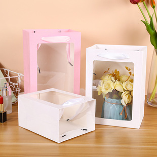 现货情人节礼物天窗手提纸袋 伴手礼礼袋开窗透明鲜花手提礼品袋