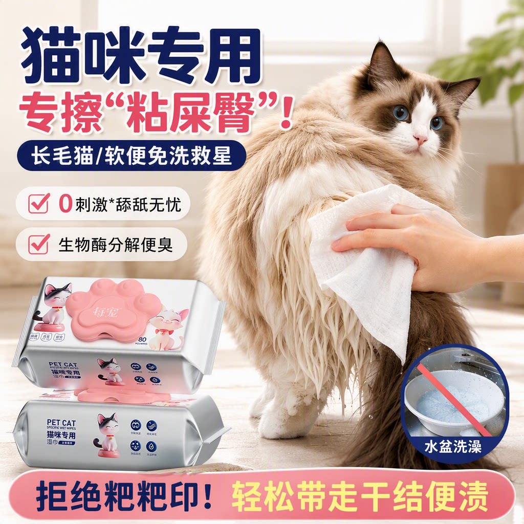 猫咪清洁湿巾免水洗擦屁股不刺激
