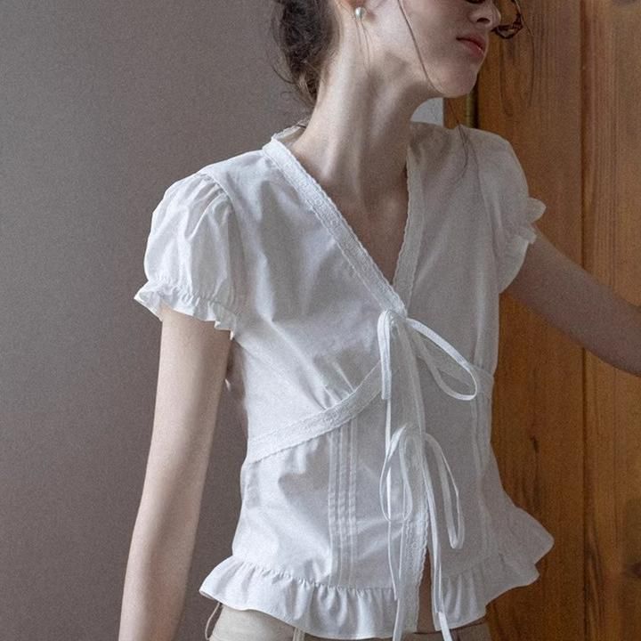 法式蝴蝶结蕾丝花边条纹衬衫女2025年夏季新款高级感显瘦短袖上衣