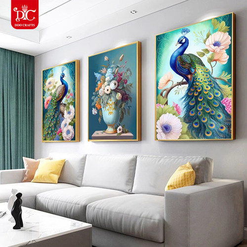 蒂彩DC花开富贵孔雀三联画钻石画