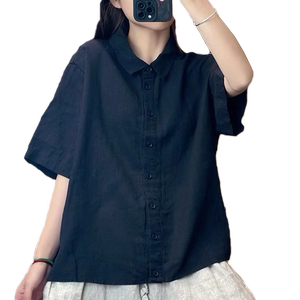 棉麻翻领短袖衬衫女宽松单排扣气质显瘦上衣夏季新款开衫文艺纯色