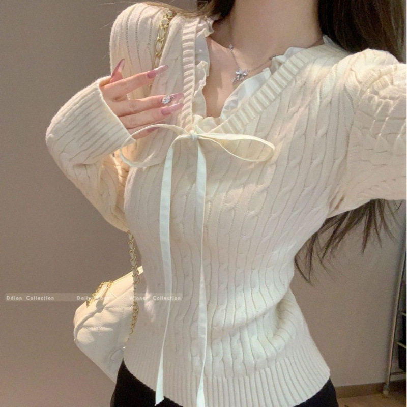 韩版麻花v领系带蕾丝打底衫女秋毛衣