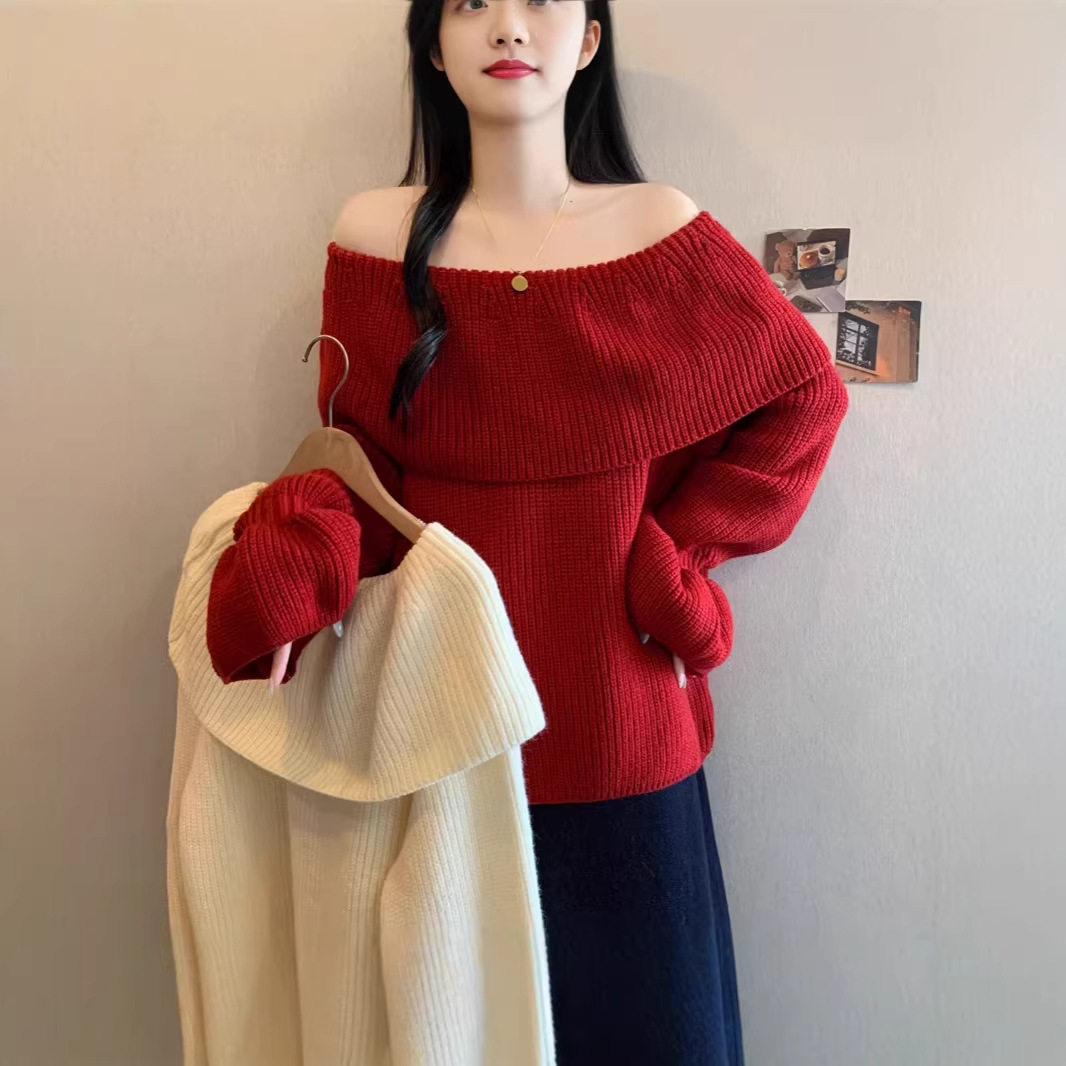 红色新年圣诞穿搭一字肩毛女2025新款冬季慵懒感松弛感毛线衣,女装/女士精品,毛衣,淘宝优惠券,粉丝福利购,淘宝优惠卷