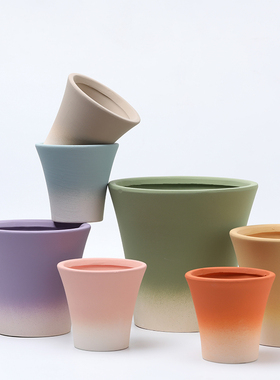 北欧渐变色彩高圆形陶瓷花盆透气陶土家用带托盘有孔多肉盆栽绿植