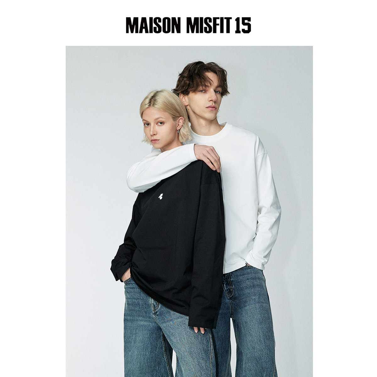 Maison Misfit 15条形基础 潮流男女情侣长袖圆领小白T恤春夏上衣