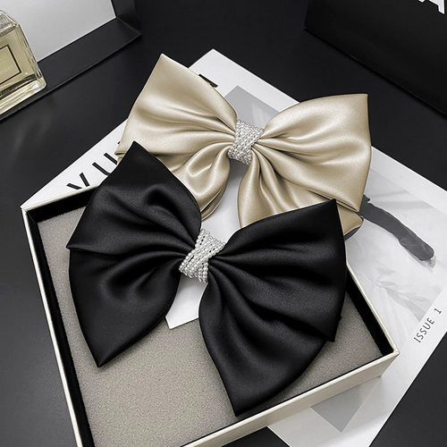 蝴蝶结发夹缎面珍珠优雅气质顶夹