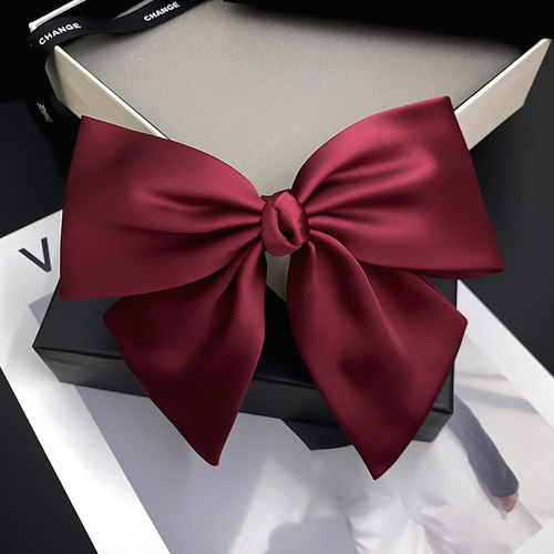 F8蝴蝶结发夹缎面日韩酒红色