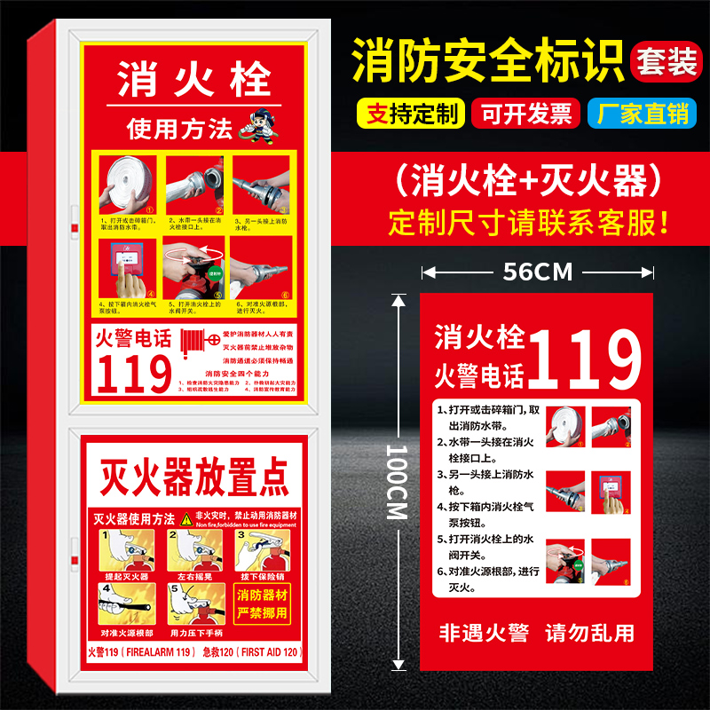 消防栓灭火器使用方法说明贴纸 消防安全标识指示牌消火箱墙贴纸消防栓门箱贴纸装饰画修放置点饰 门贴定制