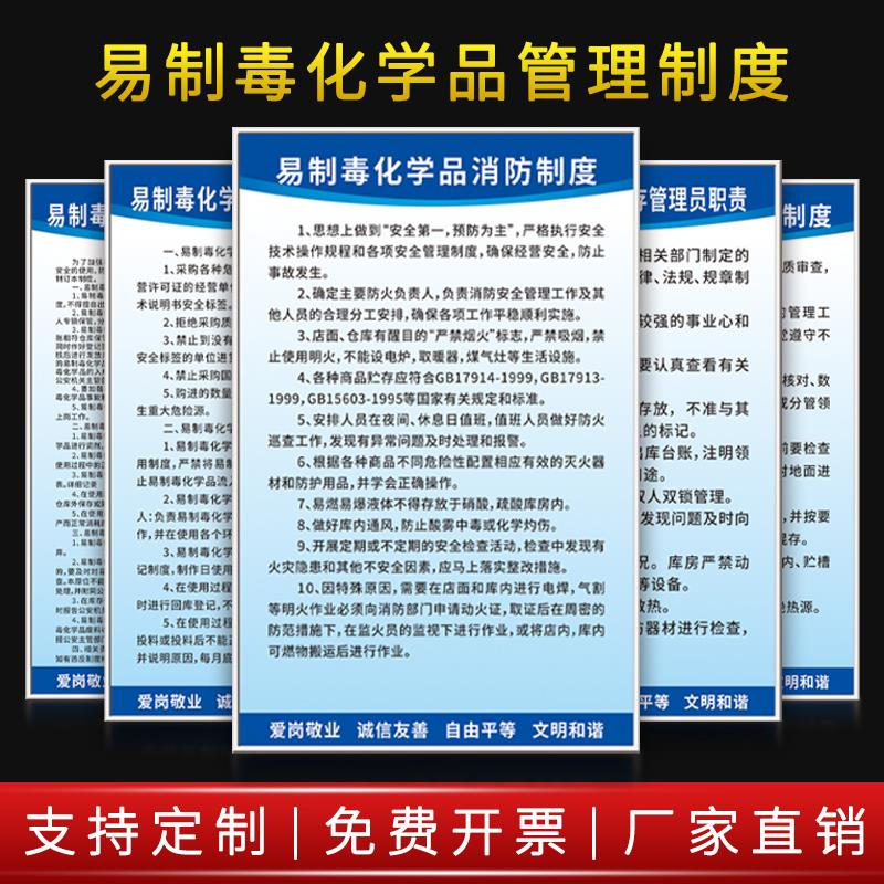 易制毒化学品管理制度危化品安全应急预案仓储贮存保管运输标识牌消防化学品使用仓库管理员职责制度牌上墙