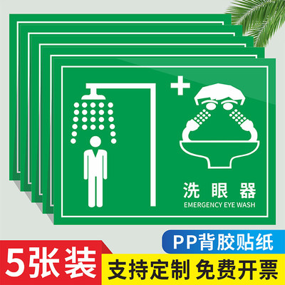 紧急冲喷淋洗眼装置标识牌洗眼器正确操作流程PUSH实验室医院化工石油厂安全警告提示急救药箱饮用水贴纸定制