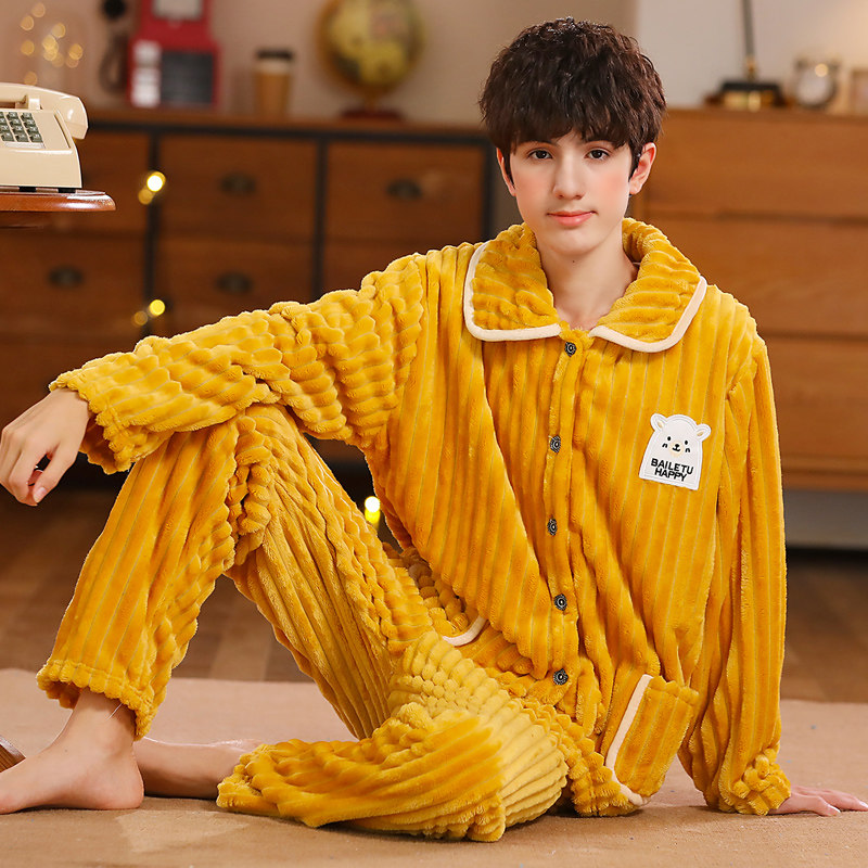 秋冬季大童加厚款法兰绒套装男童珊瑚绒睡衣男生男孩青少年家居服