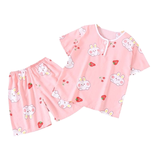 夏季男童女童短袖家居服儿童女孩薄款棉绸睡衣宝宝绵绸人造棉套装