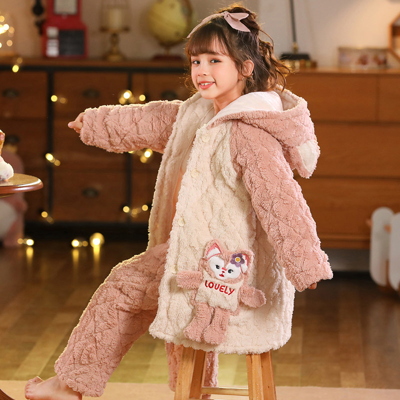 冬季女童三层夹棉儿童睡衣保暖加厚款法兰绒亲子珊瑚绒女孩家居服