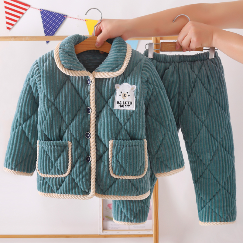 秋冬季儿童法兰绒睡衣女男童加厚款珊瑚绒男女孩子宝宝夹棉家居服