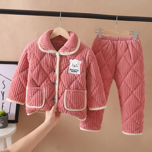 女童女孩珊瑚绒加厚家居服冬季儿童法兰绒睡衣男童三层夹棉套装