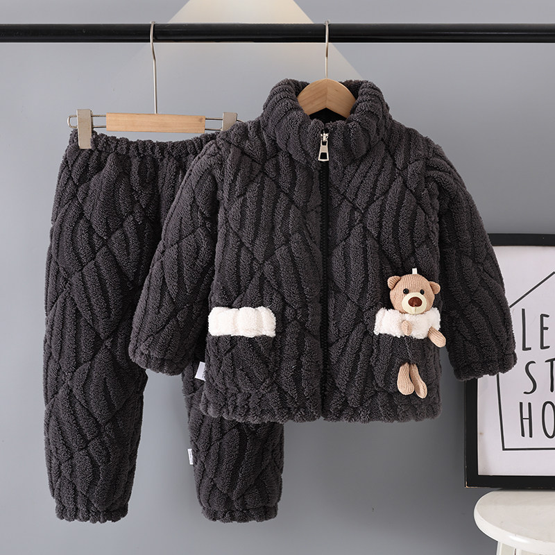 冬季儿童三层加厚加绒夹棉袄法兰绒男孩女童男童珊瑚绒家居服睡衣