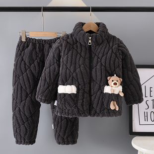 冬季儿童三层加厚加绒夹棉袄法兰绒男孩女童男童珊瑚绒家居服睡衣