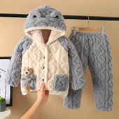 珊瑚绒加绒三层夹棉男童男孩法兰绒家居服冬款 冬季 儿童睡衣加厚款