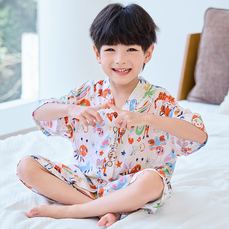 夏季男童男孩棉绸套装女童宝宝绵绸睡衣短袖短裤儿童空调家居服
