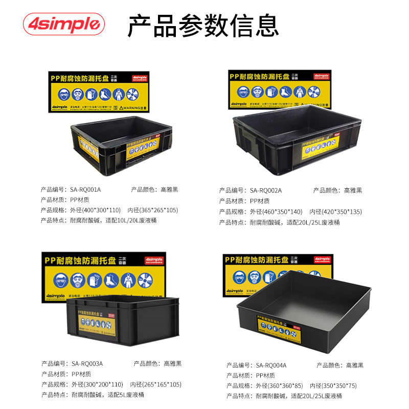 4simple实验室废液安全收集PP材质耐腐蚀酸碱废液桶防溢托盘防泄图片