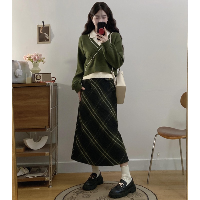 深秋初冬一整套微胖mm穿搭国风假两件针织衫毛衣高级感两件套装裙