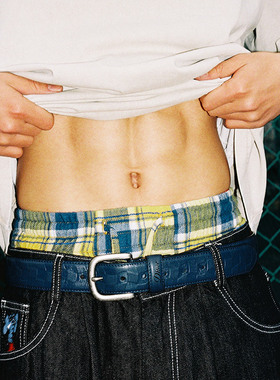 MindError 假两件双裤头格纹拼接25新款小象刺绣宽松直筒牛仔裤男