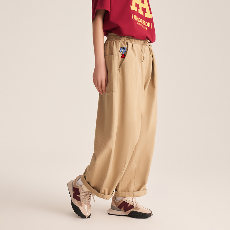 口袋小象刺绣抽绳长裤