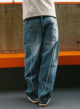 MindError 水洗解构设计立体剪裁廓形男小象宽松直筒滑板牛仔长裤
