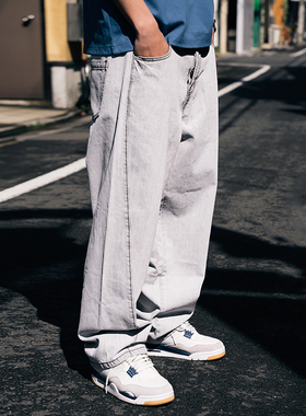 MindError 复古水洗3D剪裁男秋季新款小象阔腿直筒滑板牛仔长裤潮