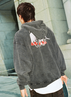 MindError 秋季新款靴子小象印花做旧复古街头宽松休闲连帽衫卫衣