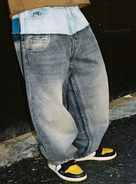 MindError 美式复古双腰假两件拼接小象刺绣水洗宽松直筒牛仔裤男