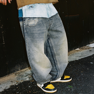 MindError 美式复古双腰假两件拼接小象刺绣水洗宽松直筒牛仔裤男