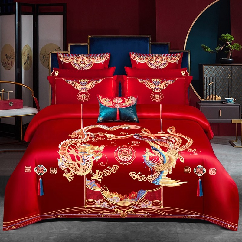 新婚庆四件套全棉大红色简约刺绣结婚房喜被床笠床上用品