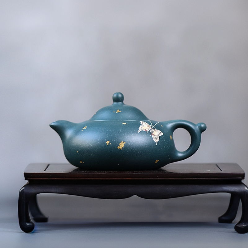 JCY-0114季畅园· 【双波叠翠·洒金】 老墨绿泥285cc壶家用茶具