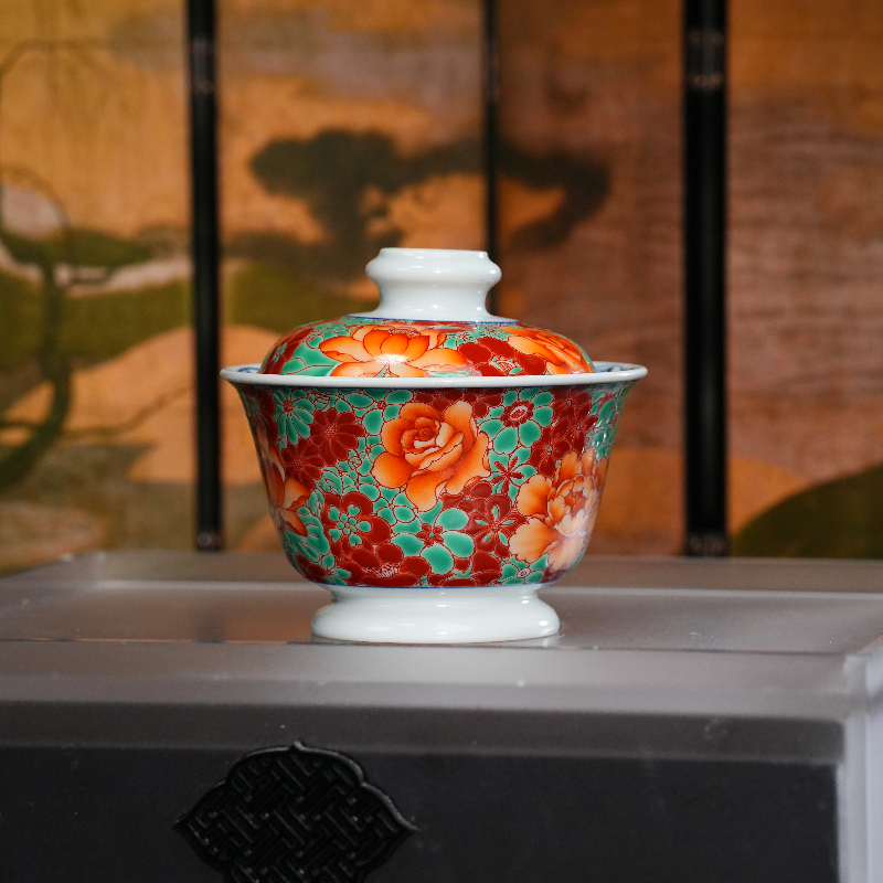 立勤堂丨红绿彩万花大撇口盖碗（新）120c白瓷泡茶器具陶瓷茶具