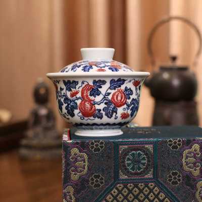 逸古堂 | 西瓜釉里红元宝盖碗 120ML 景德镇陶瓷手工手绘茶杯茶具