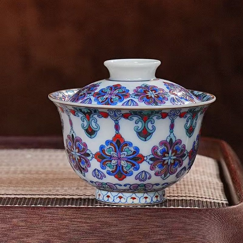 冉月丨冉月斗彩唐风花团盖碗（有底心）130ML 景德镇瓷器茶杯茶具