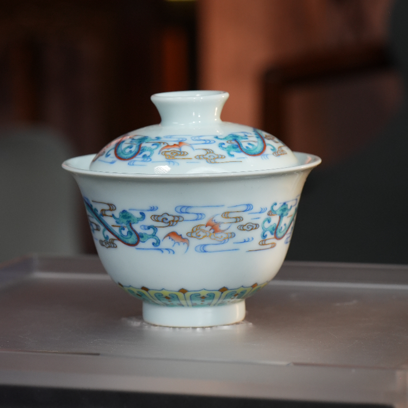 清閟山房丨螭龙云纹描金盖碗容量130ml  景德镇陶瓷