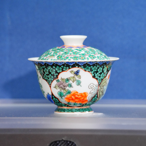 立勤堂立勤堂松石绿开窗花卉盖碗容量120cc泡茶器具景德镇陶瓷