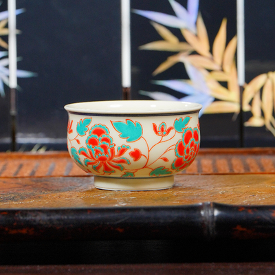 立勤堂丨二号釉红绿彩牡丹炉式杯容量80cc