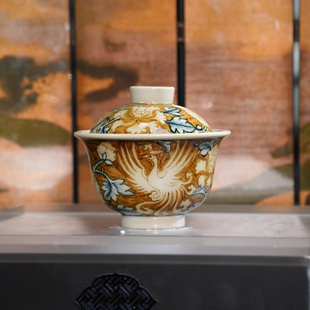 立勤堂丨青花釉里金太阳鸟元宝盖碗容量120cc景德镇陶瓷